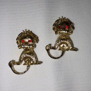 Set of 2 Vintage Goldtone Shih Tzu Dog Pins Brooch Red Rhinestone Eyes